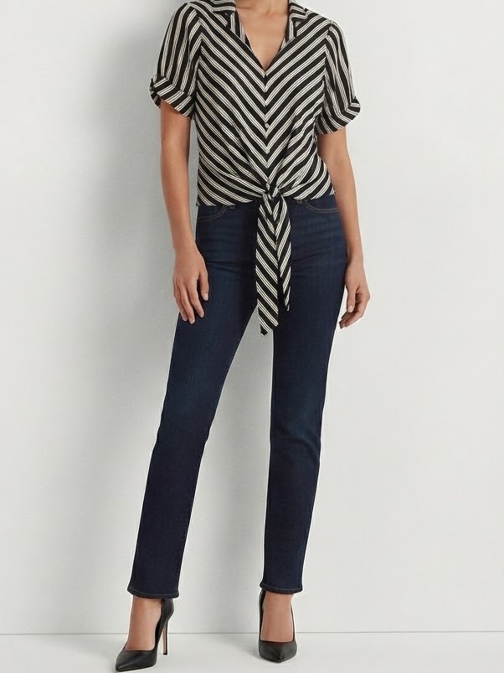 Vince Camuto Black and White Striped Short-Sleeve Tie-Front Blouse